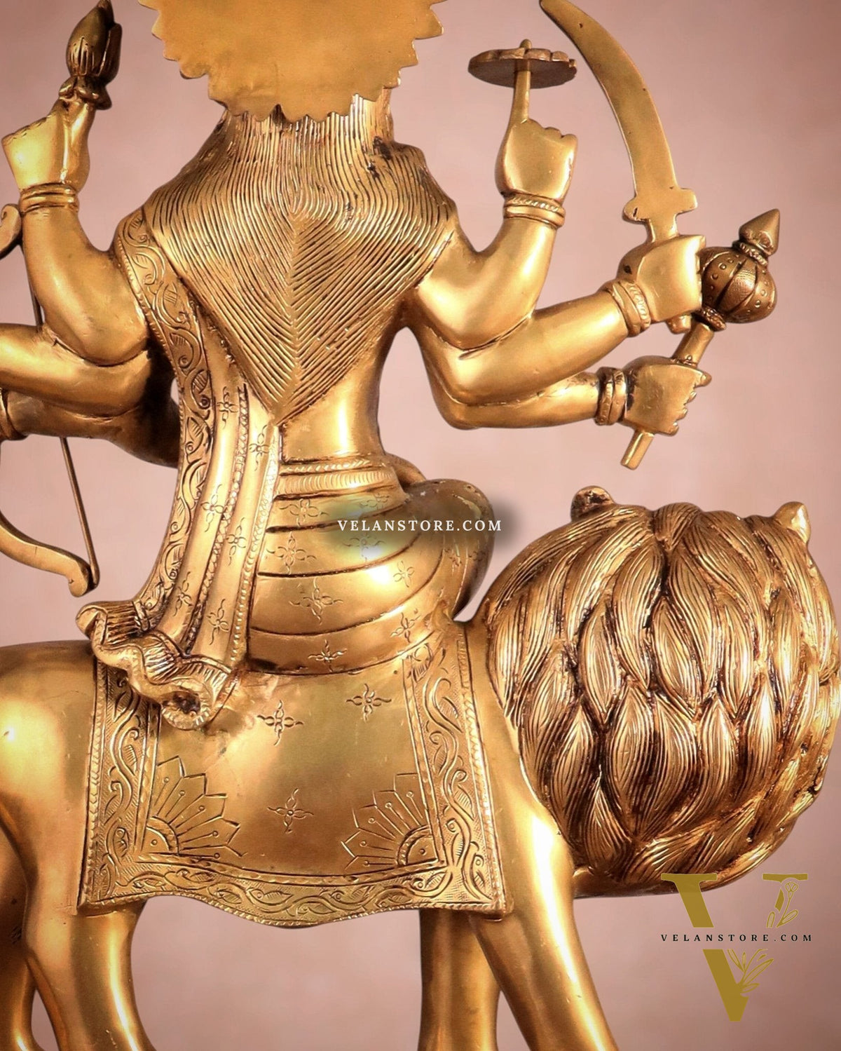 Large Superfine Brass Durga Mata Statue - Antique Golden Tone | Height 21.5 inch