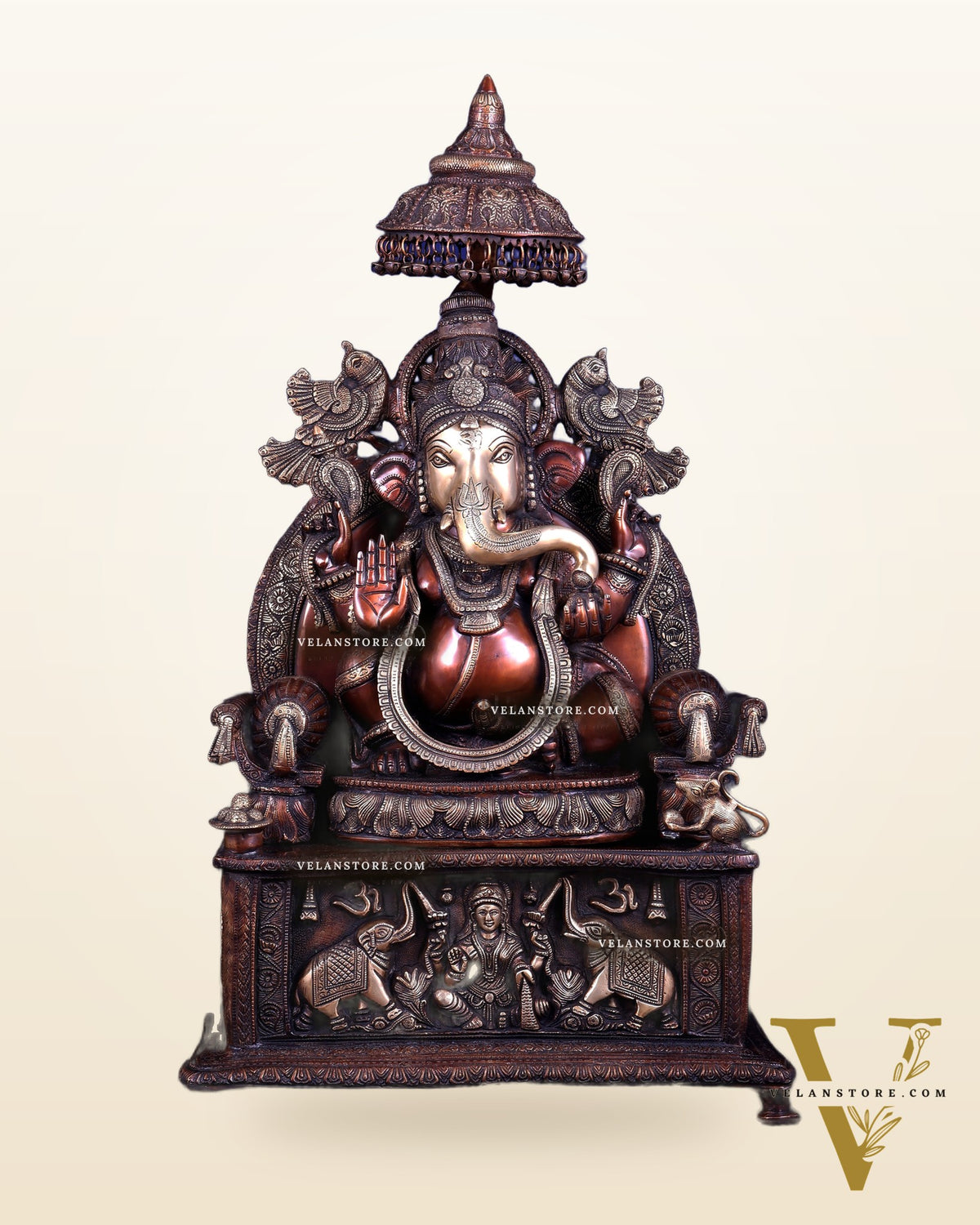 Large Superfine Brass Ganesha Seated on Throne with Gaja Lakshmi Carved Base 34 inch