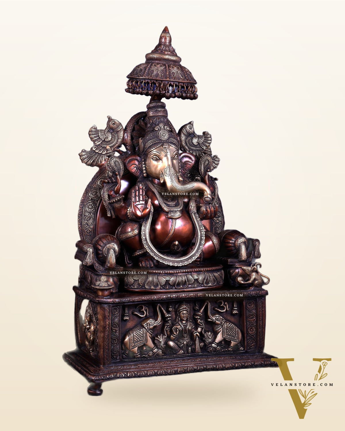 Large Superfine Brass Ganesha Seated on Throne with Gaja Lakshmi Carved Base 34 inch