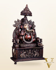 Large Superfine Brass Ganesha Seated on Throne with Gaja Lakshmi Carved Base 34 inch