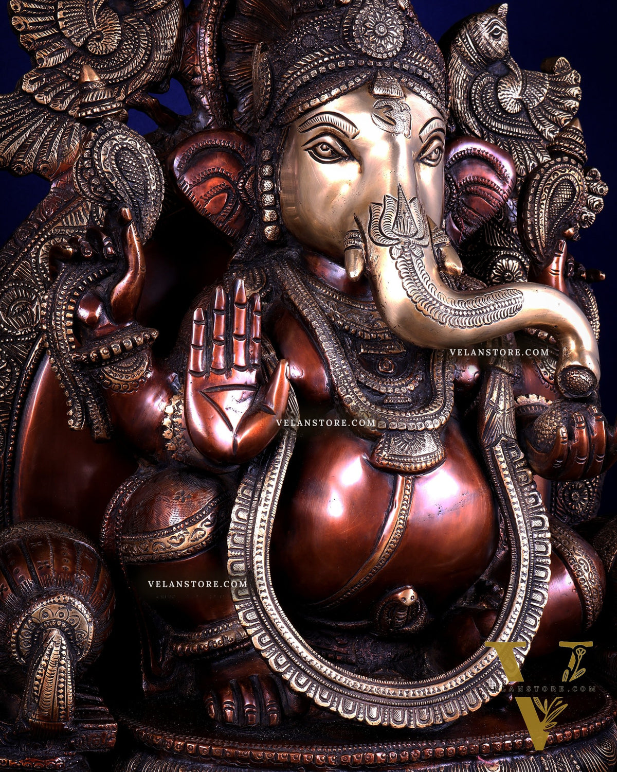 Large Superfine Brass Ganesha Seated on Throne with Gaja Lakshmi Carved Base 34 inch
