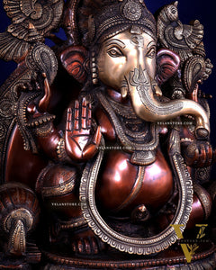 Large Superfine Brass Ganesha Seated on Throne with Gaja Lakshmi Carved Base 34 inch