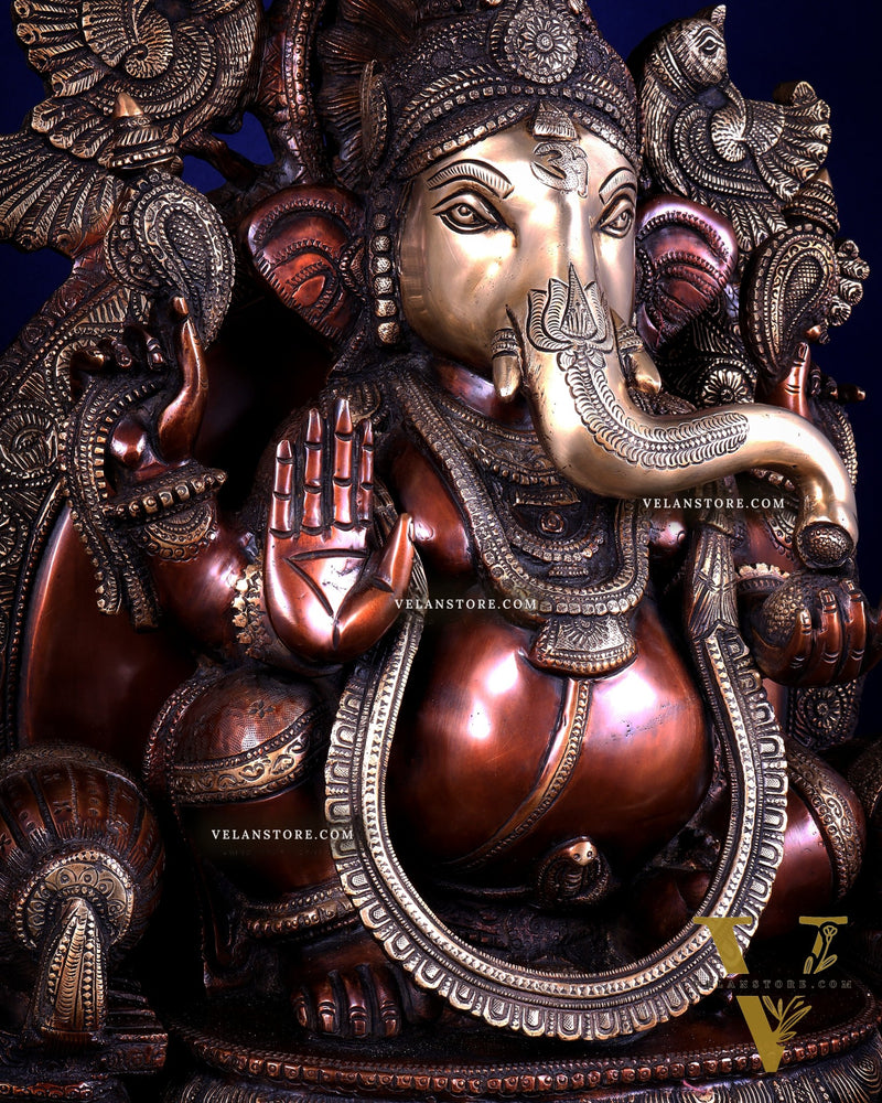 Large Superfine Brass Ganesha Seated on Throne with Gaja Lakshmi Carved Base 34 inch