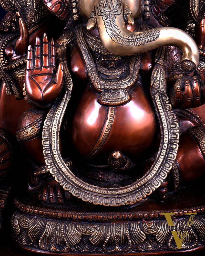 Large Superfine Brass Ganesha Seated on Throne with Gaja Lakshmi Carved Base 34 inch