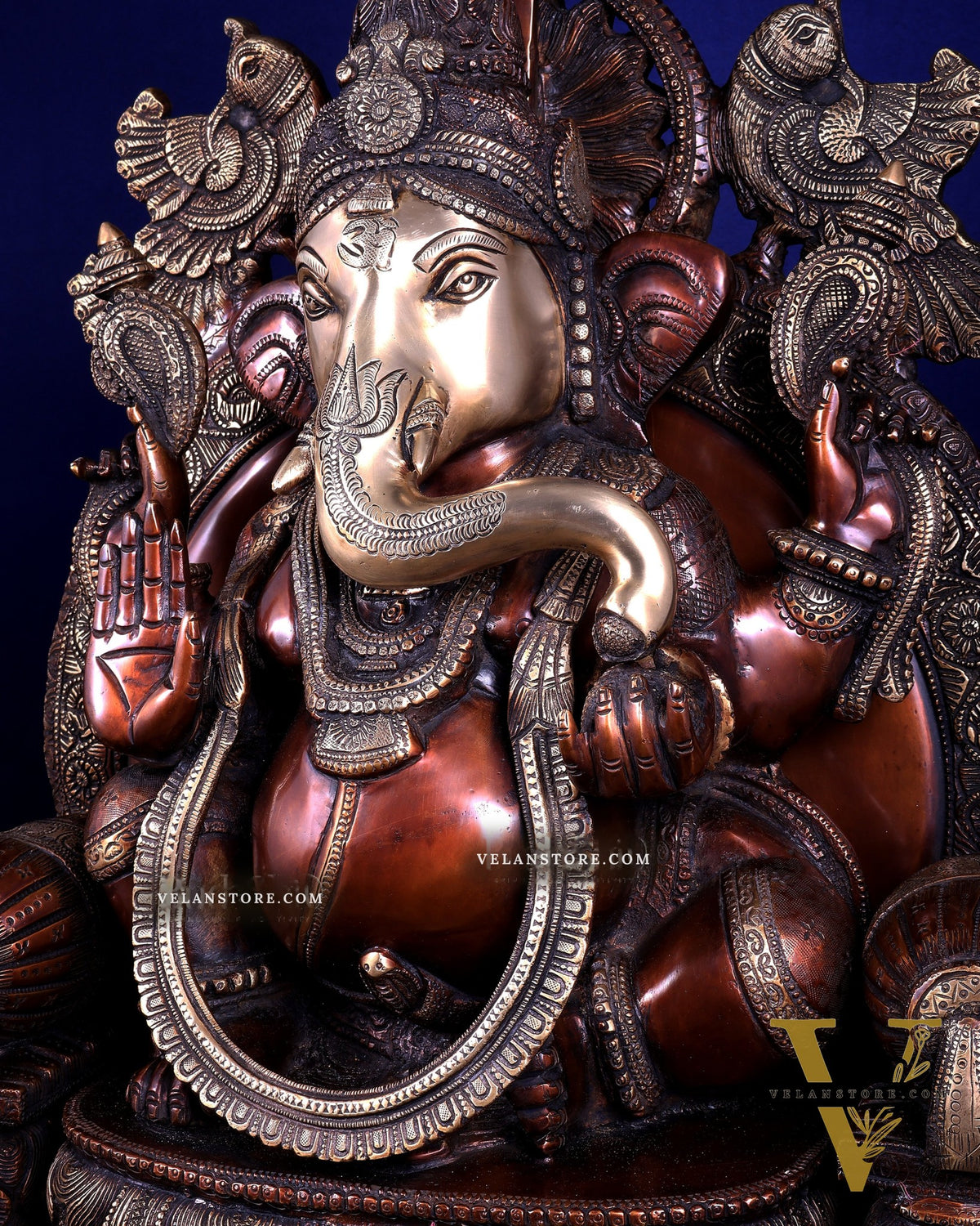 Large Superfine Brass Ganesha Seated on Throne with Gaja Lakshmi Carved Base 34 inch