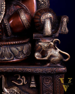 Large Superfine Brass Ganesha Seated on Throne with Gaja Lakshmi Carved Base 34 inch