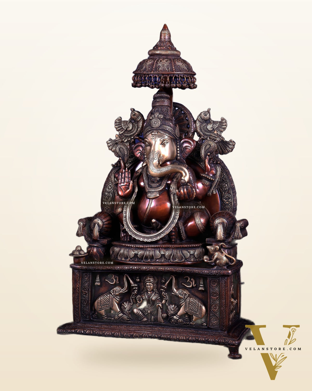 Large Superfine Brass Ganesha Seated on Throne with Gaja Lakshmi Carved Base 34 inch