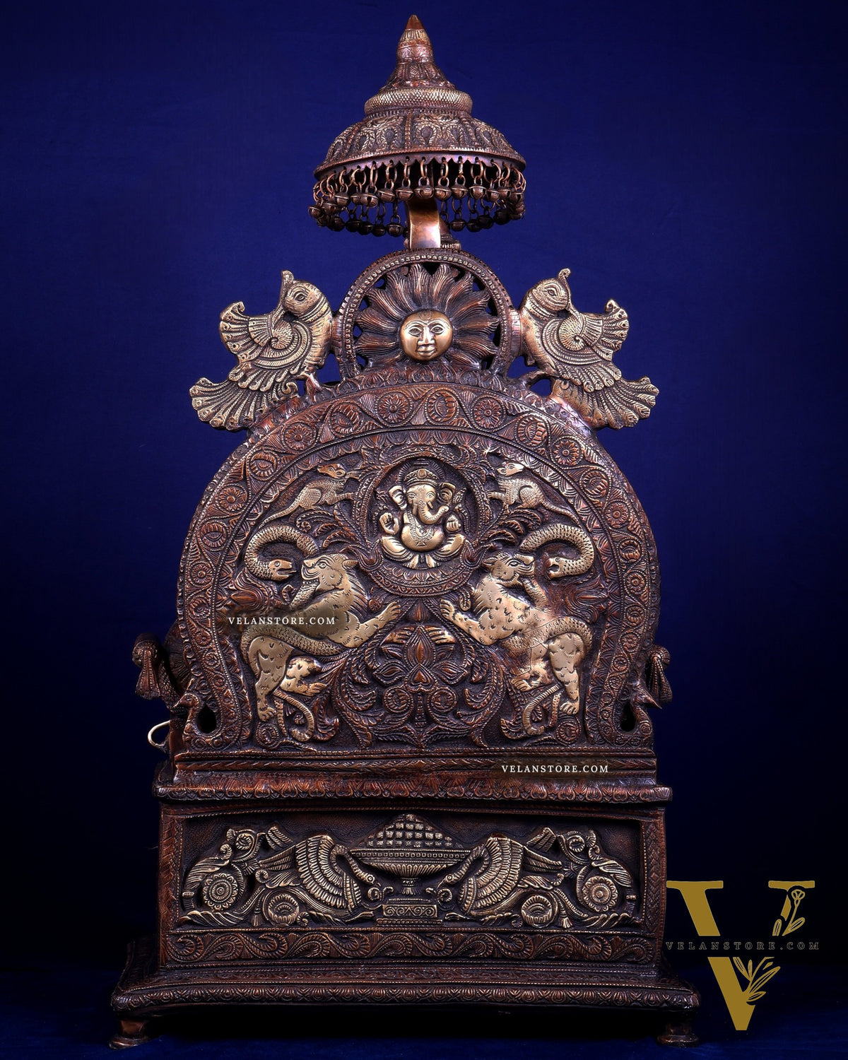Large Superfine Brass Ganesha Seated on Throne with Gaja Lakshmi Carved Base 34 inch