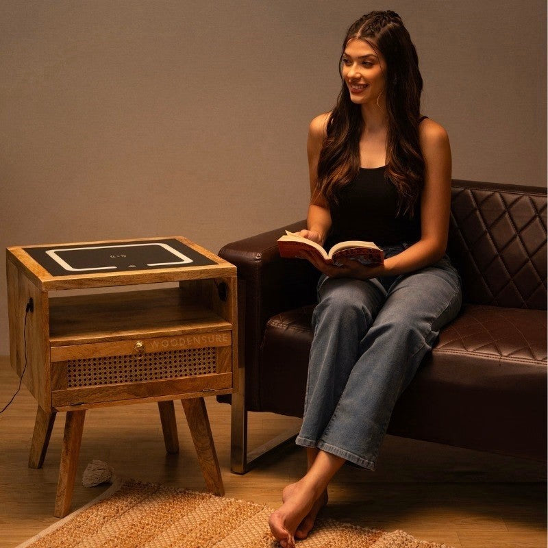 Smart Solid Wood Bedside Table with Wireless Charging Station, LED Light, Rattan Drawer & USB Ports for Bedroom & Living Room