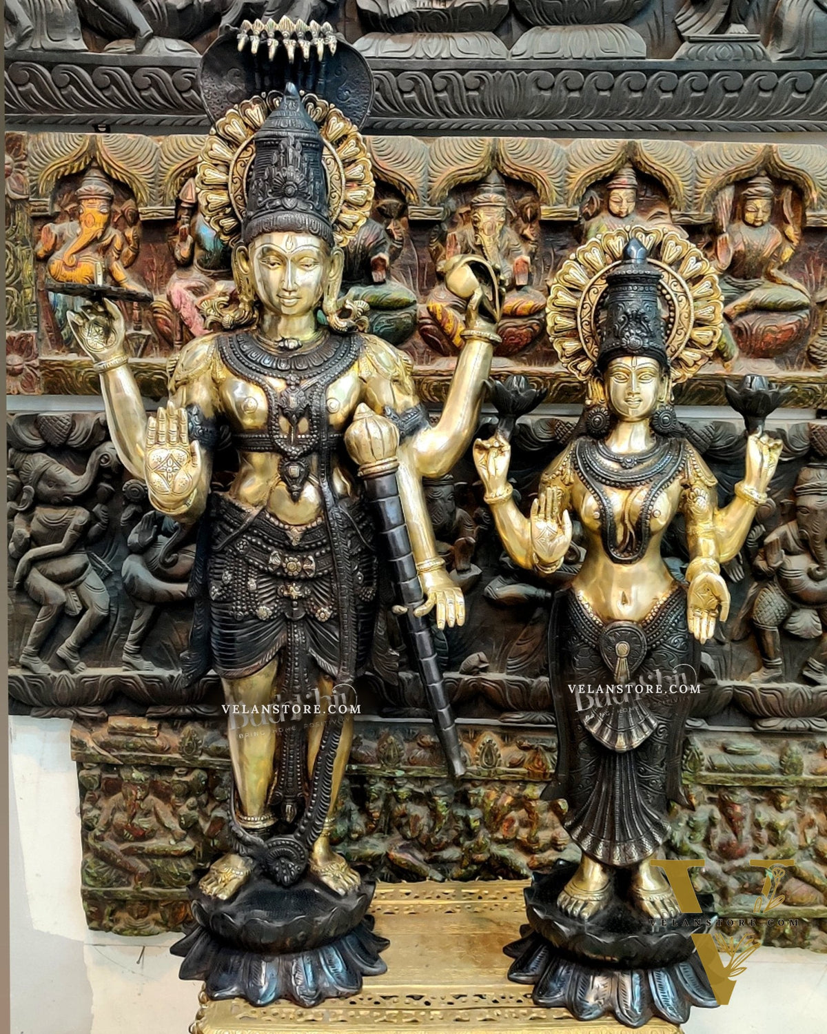Life-like Brass Idols of Lord Vishnu and Goddess Lakshmi | Superfine Handcrafted with Duel Tone Contrast 40"