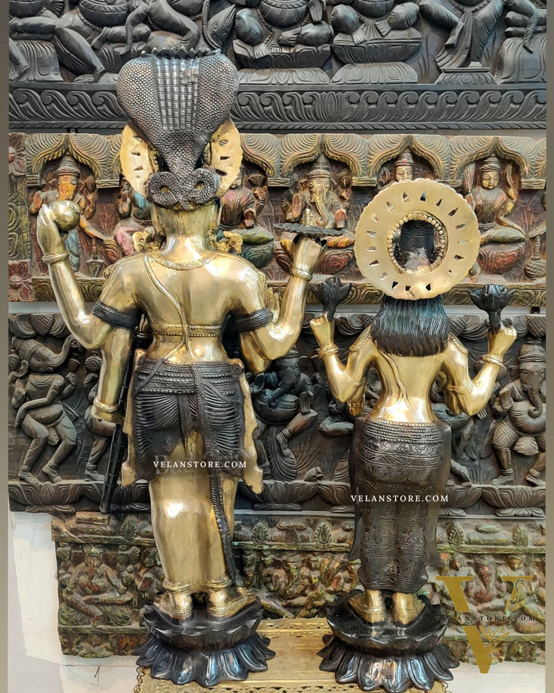 Life-like Brass Idols of Lord Vishnu and Goddess Lakshmi | Superfine Handcrafted with Duel Tone Contrast 40"