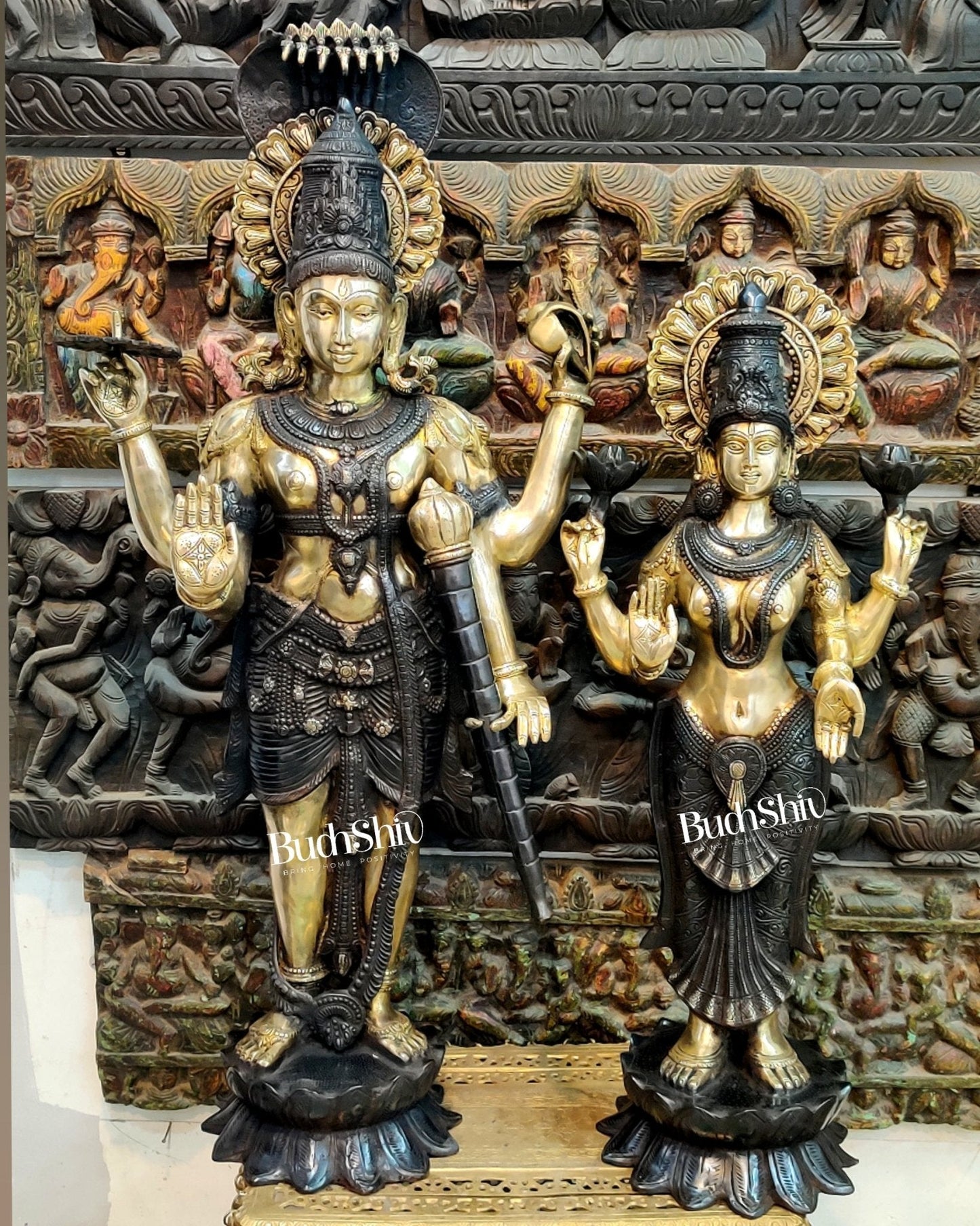 Life-like Brass Idols of Lord Vishnu and Goddess Lakshmi | Superfine Handcrafted with Duel Tone Contrast 40"