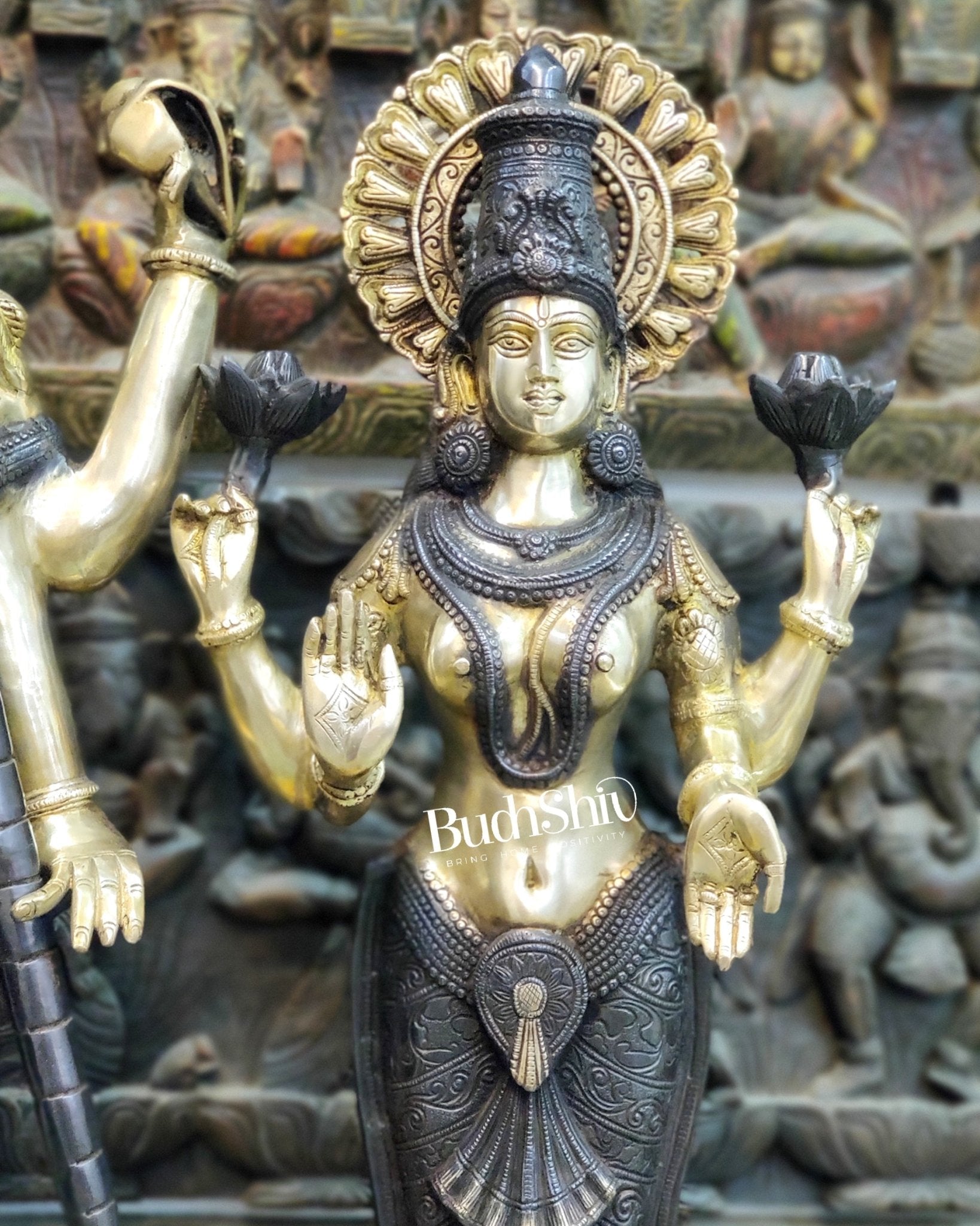 Life-like Brass Idols of Lord Vishnu and Goddess Lakshmi | Superfine Handcrafted with Duel Tone Contrast 40"