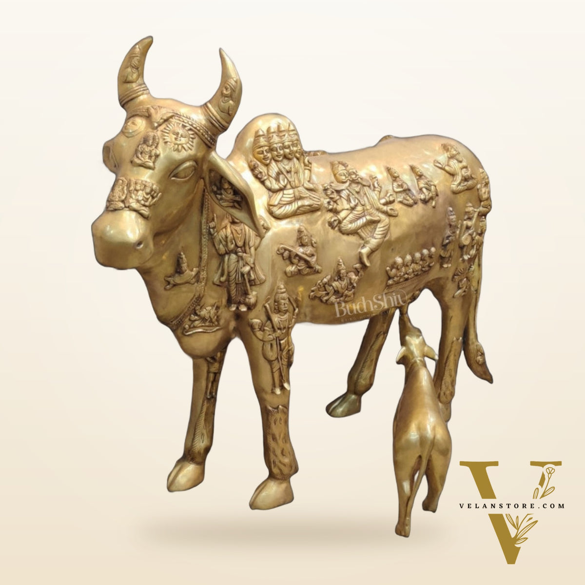 Life-like Brass Kamdhenu Cow with Calf Idols | Majestic Home Decor | 48"