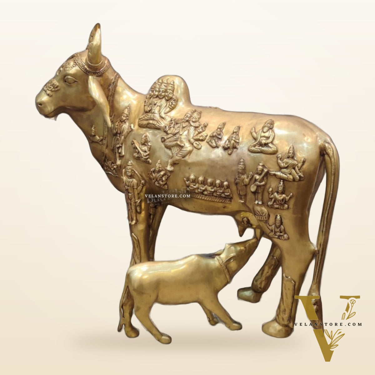 Life-like Brass Kamdhenu Cow with Calf Idols | Majestic Home Decor | 48"