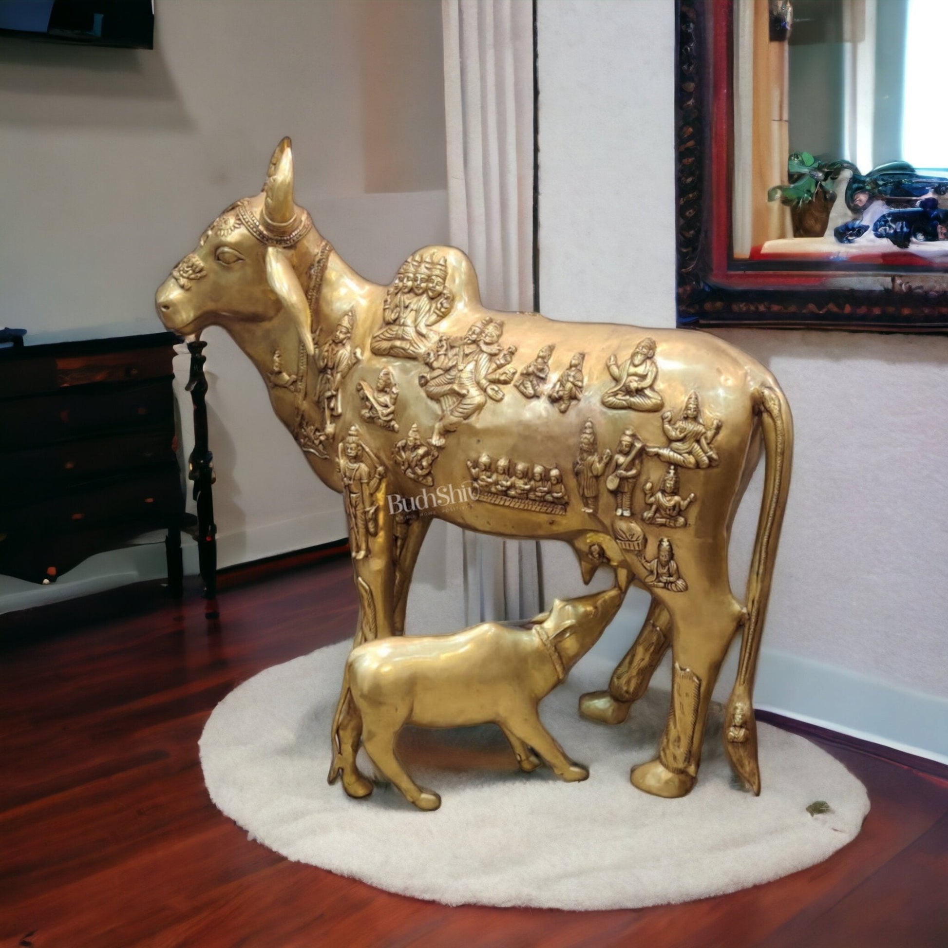 Life-like Brass Kamdhenu Cow with Calf Idols | Majestic Home Decor | 48"