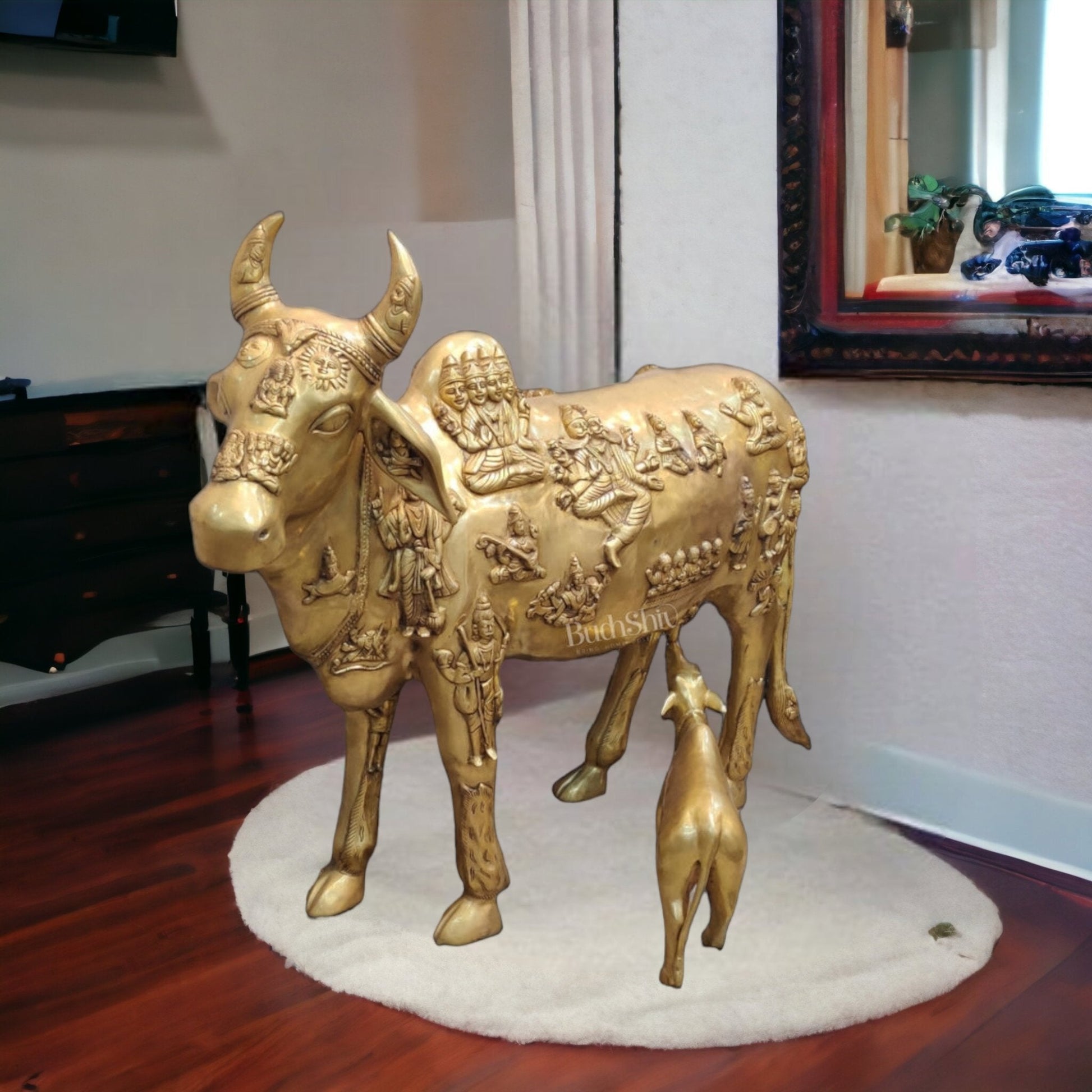Life-like Brass Kamdhenu Cow with Calf Idols | Majestic Home Decor | 48"