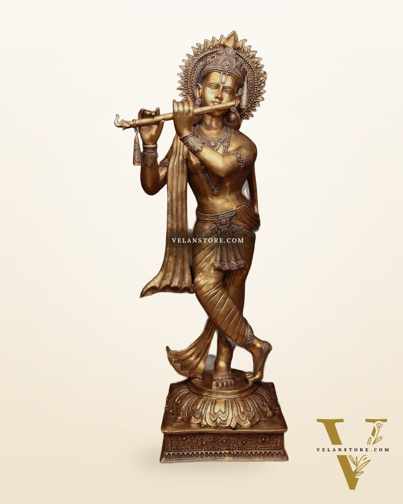 Life-Size Handcrafted Brass Lord Krishna Statue 79 inch