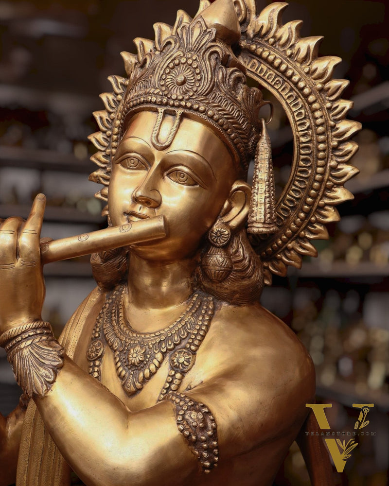 Life-Size Handcrafted Brass Lord Krishna Statue 79 inch