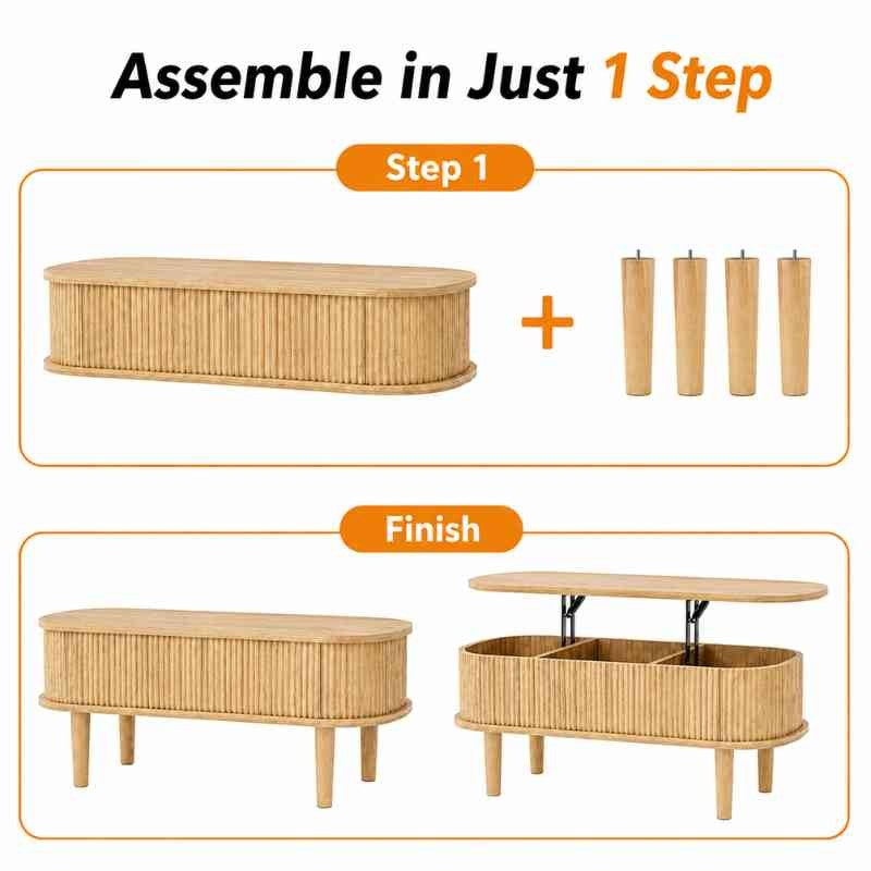 Space-Saving Oval Lift-Top Coffee Table with 3 Hidden Storage Compartments – Solid Mango Wood