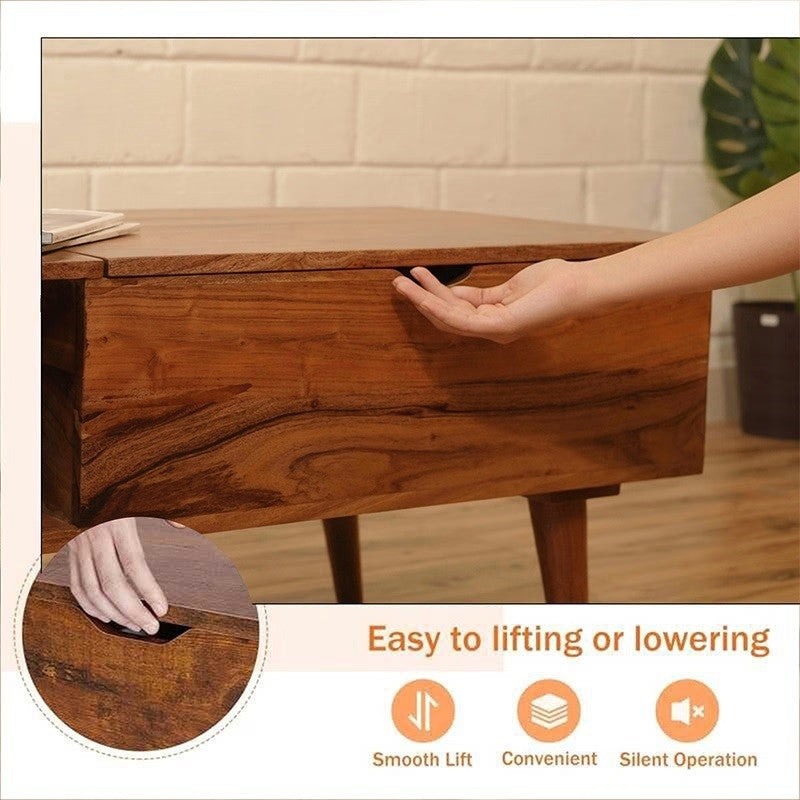 Modern Lift-Top Center Table with Hidden Storage & Side Shelves – Rustic Finish