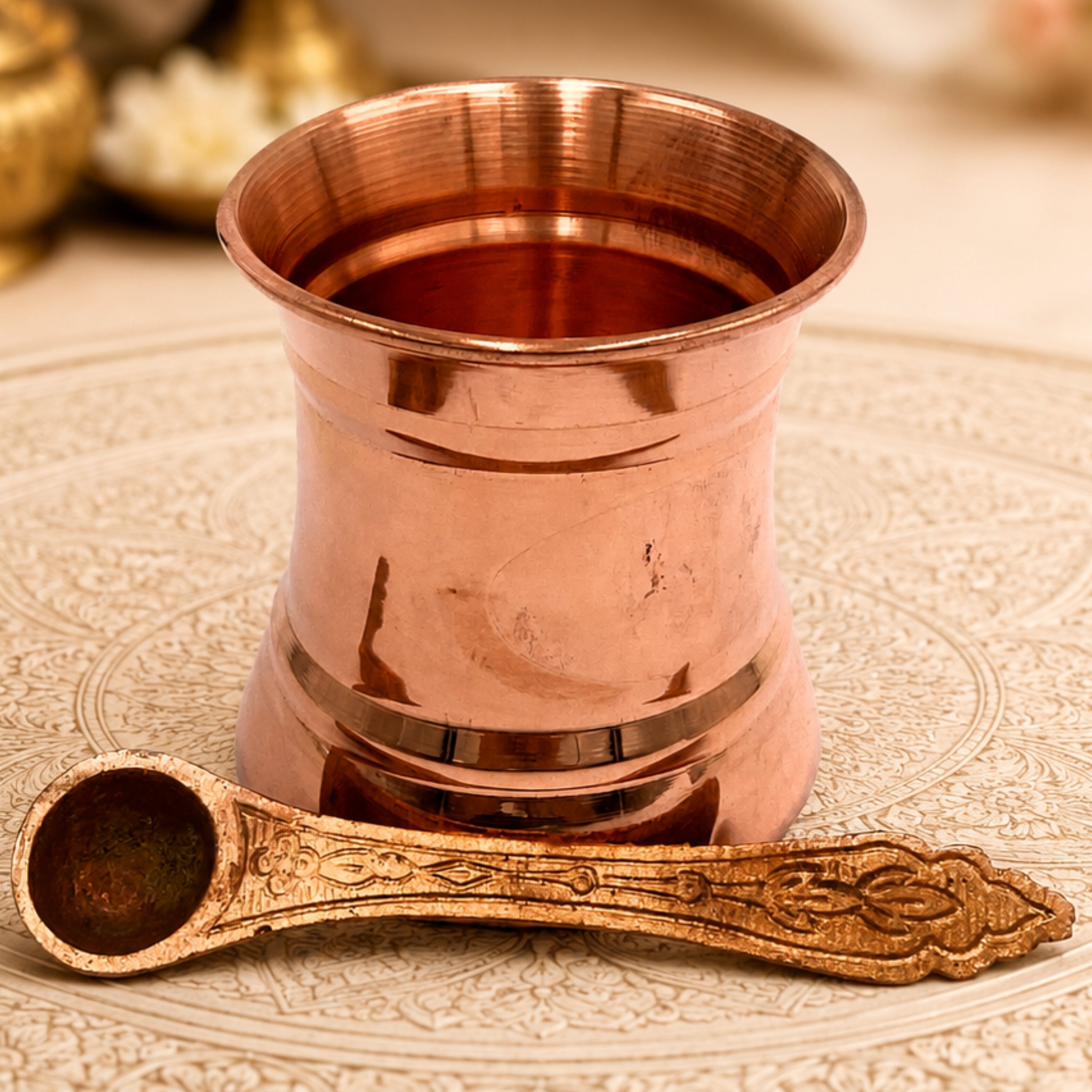 Copper Panchpatra, Tamra Panchapatram, Thamira Panchapatra Aachmani Cup, Handcrafted Tamraloha Puja Vessel for Hindu Rituals & Pooja,Gold, 3 Inch, 1 Piece