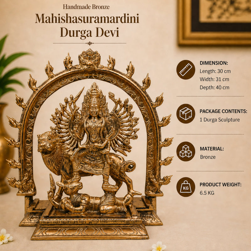Bronze Durga Idol Mahishasuramardini Murti | Maa Durga, Shakti, Ambika, Bhavani Statue | Panchaloha Chola Art Sculpture for Temple & Home Decor, Gold, 12 Inch, 1 Piece