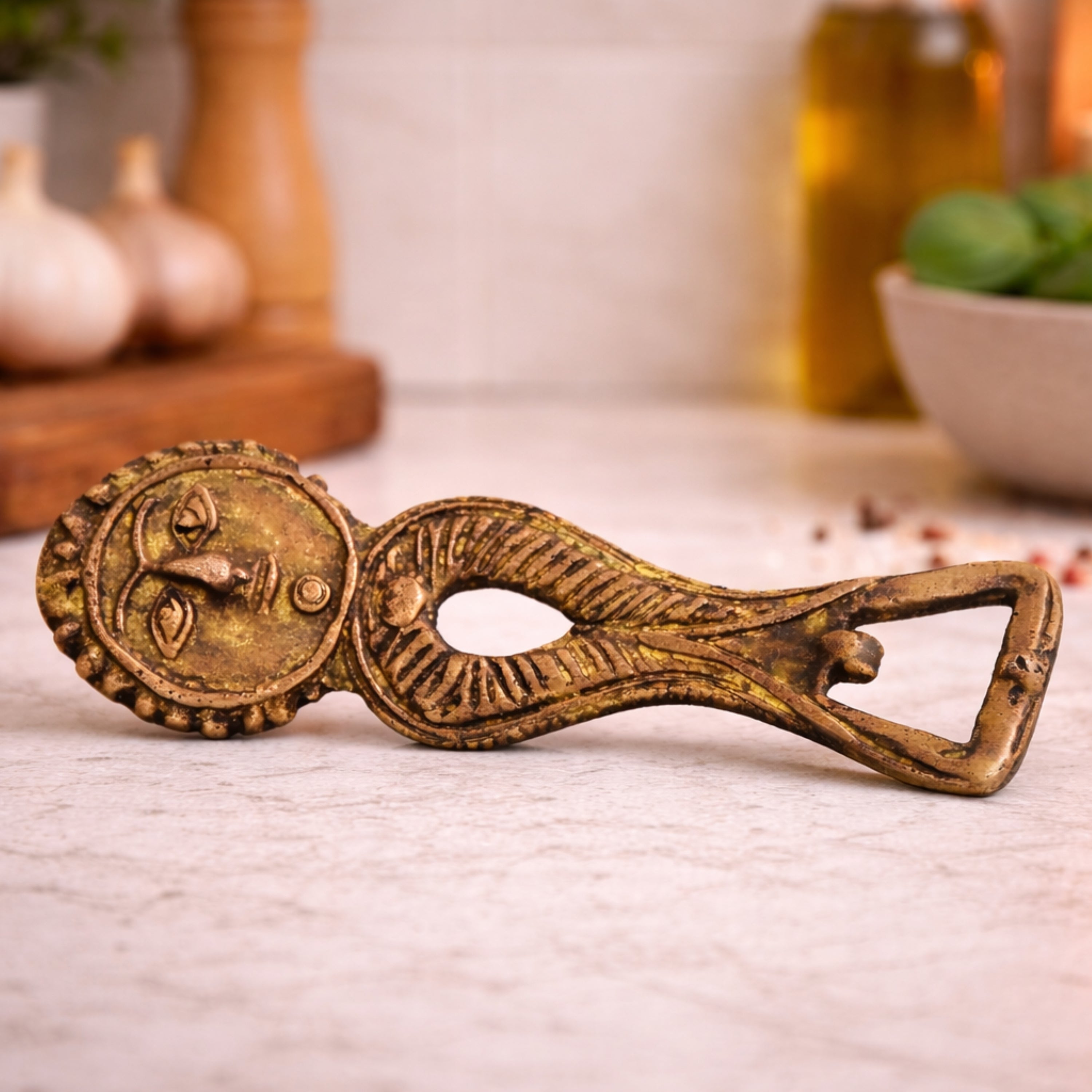 Bhunes Brass Bastar Art Bottle Opener, Tribal Handmande Opener,Gold, 5 Inch, 1 Piece