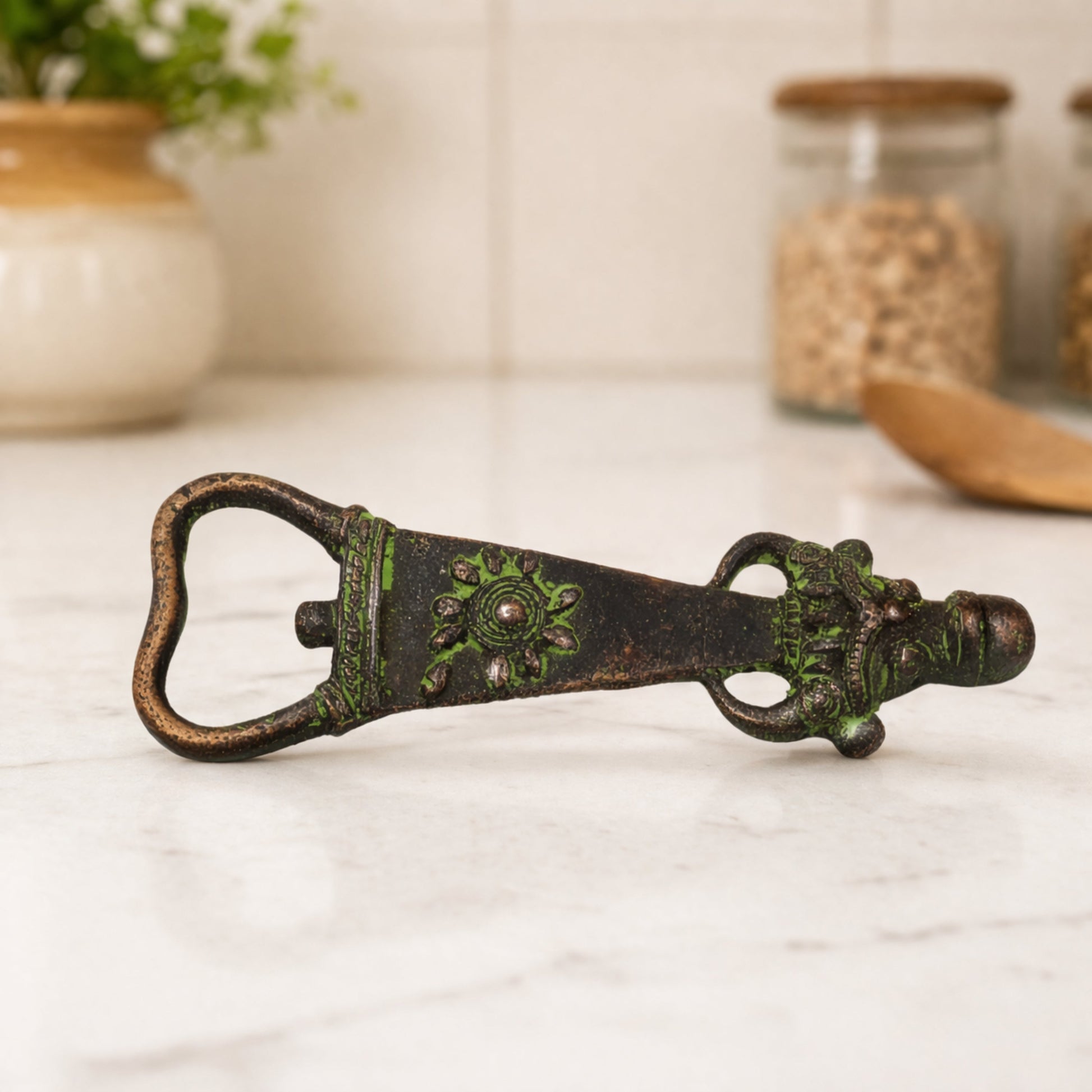 Bhunes Brass Bastar Art Bottle Opener, Tribal Handmande Opener,Green, 5.5 Inch, 1 Piece