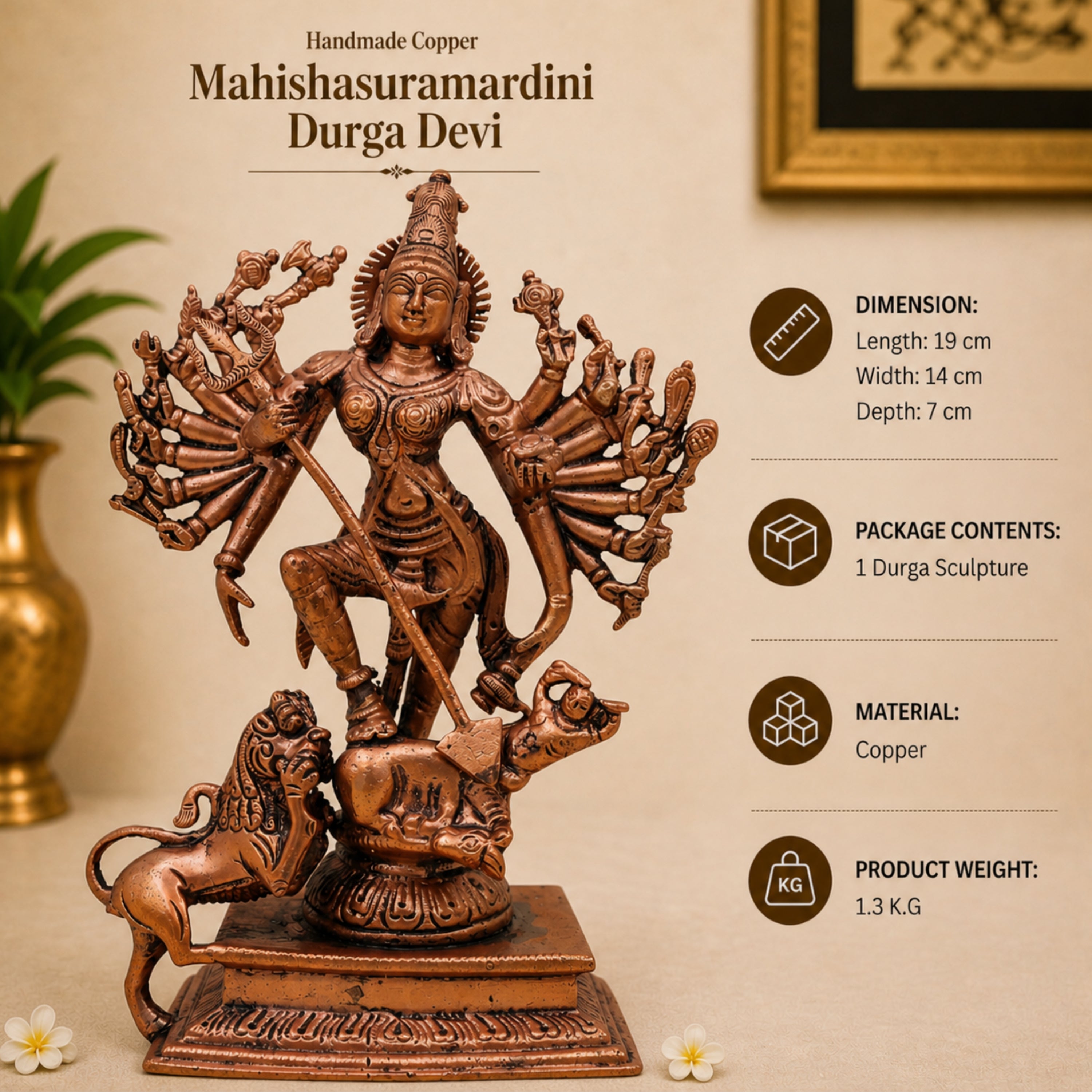 Copper Durga Idol, Tamra Durga Murti, Handcrafted Bhavani, Mahishasuramardini & Shakti Sculpture for Pooja & Home Decor, Brown, 7.5 Inch, 1 Piece