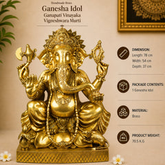 Brass Ganesha Idol Ganapati Vinayaka Vigneshwara Murti Large Temple Decor Statue, Gold, 30.5 Inch, 1 Piece