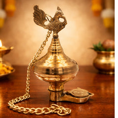Handcrafted Brass Hanging Pooja Lamp Diya, Traditional Peetal Pittal Pitala Ceiling Lantern for Lakshmi, Saraswati, Durga & Deepam Lighting,Gold, 9.5 Inch, 1 Piece