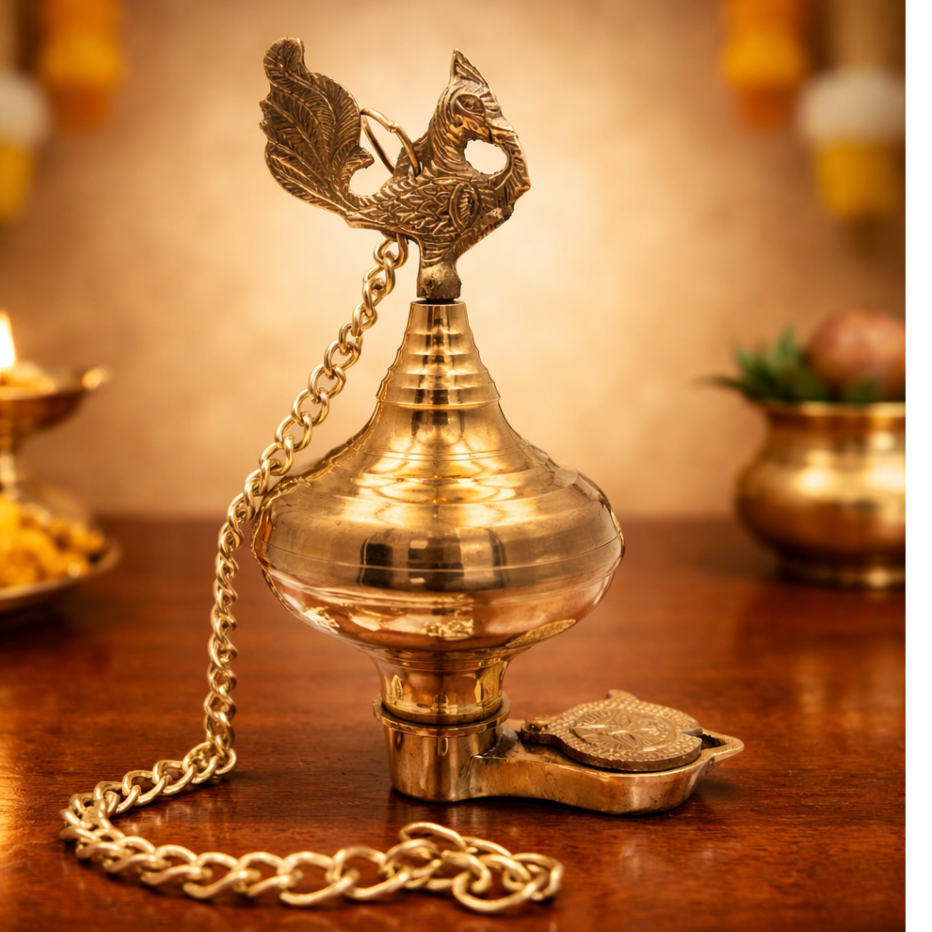 Handcrafted Brass Hanging Pooja Lamp Diya, Traditional Peetal Pittal Pitala Ceiling Lantern for Lakshmi, Saraswati, Durga & Deepam Lighting,Gold, 9.5 Inch, 1 Piece