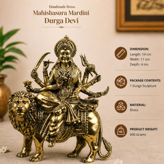 Brass Mahishasura Mardini Idol, Durga Murti, Chamundi Statue, Shakti Vigraham, Jagadamba Sculpture for Home Temple, Pooja Room, Navratri & Durga Puja Decor,Gold, 5.5 Inch, 1 Piece