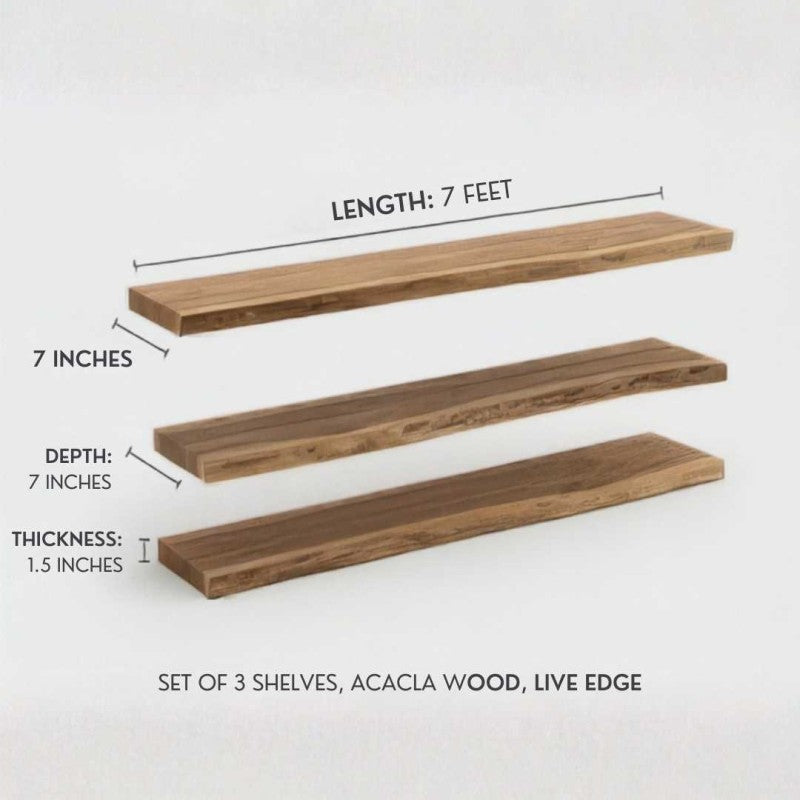Handcrafted Live Edge Solid Wood Floating Wall Shelves – Set of 3 | Natural Rustic Finish