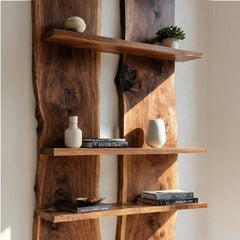 Rustic Live Edge Wall Shelf Panel Set – Solid Wood Floating Display Unit