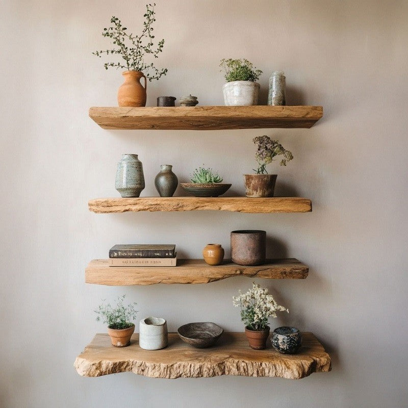 Modern Rustic Live Edge Floating Shelves (Set of 4) – Solid Acacia Wood Wall Shelves