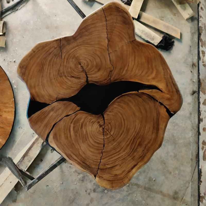Handmade Epoxy River Live Edge Crosscut Slab Table | Statement Resin Coffee Table | Solid Wood Center Table | Custom Wood River Design | Tree Trunk Coffee Table