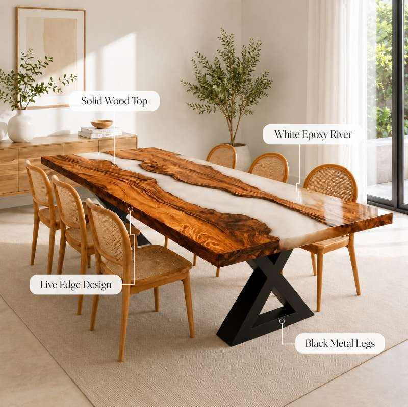 Custom Made Live Edge White Epoxy Resin River Dining Table, Handmade Modern Rustic Wood Furniture, Natural Solid Wood | Custom Made Design