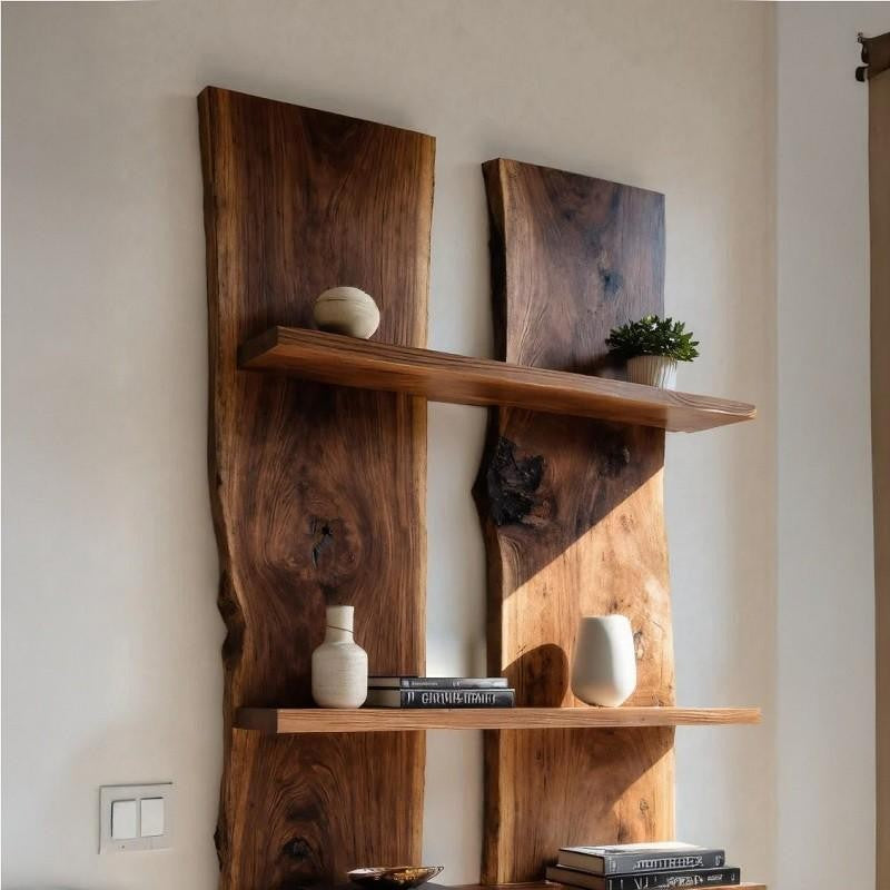 Rustic Live Edge Wall Shelf Panel Set – Solid Wood Floating Display Unit