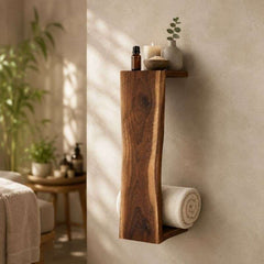 Waterfall Live Edge Wooden Blanket Holder, Decorative Bathroom Towel Rack, Wall Bookshelf