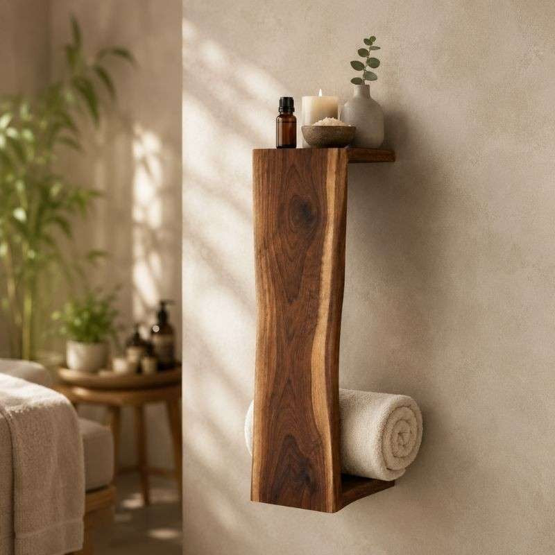 Waterfall Live Edge Wooden Blanket Holder, Decorative Bathroom Towel Rack, Wall Bookshelf