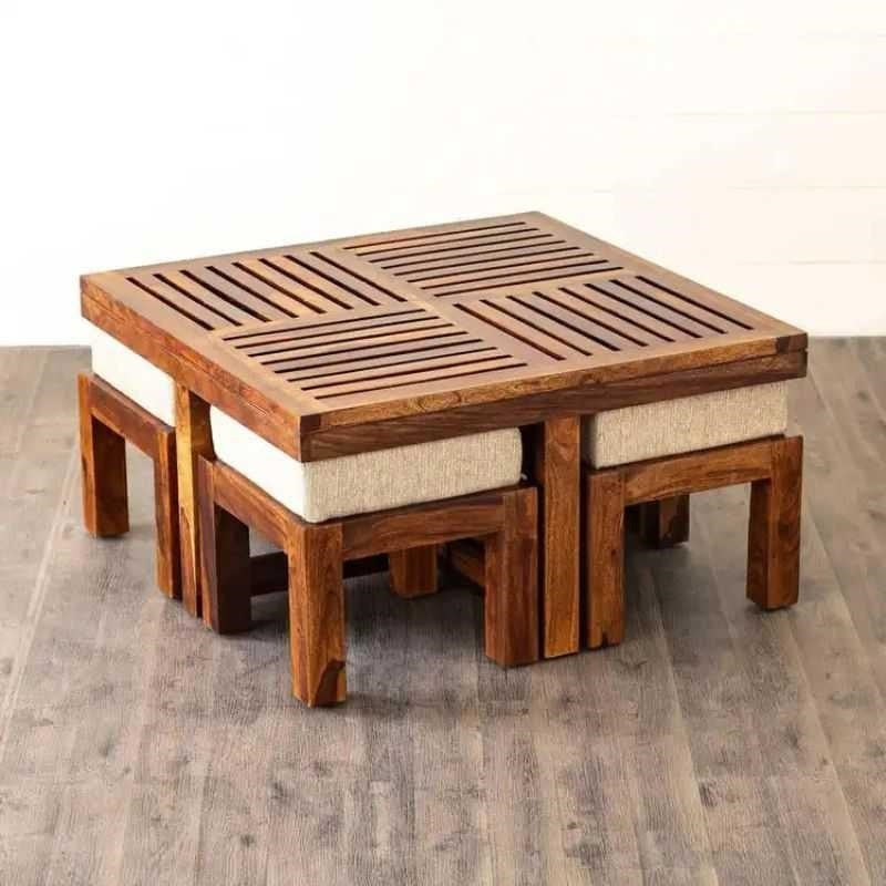 HeritageAura Sheesham Wood Coffee Table Set with Stools – Space-Saving Design for Living Room by Woodensure