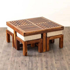 HeritageAura Sheesham Wood Coffee Table Set with Stools – Space-Saving Design for Living Room by Woodensure