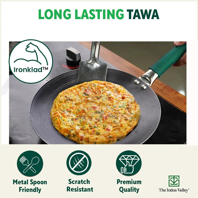 Ironklad 100% Pure Sheet Iron Concave Tawa, Steel Cool Touch Handle & Silicone Grip, Pre-seasoned, Toxin-free, 27 cm, 1 Kg
