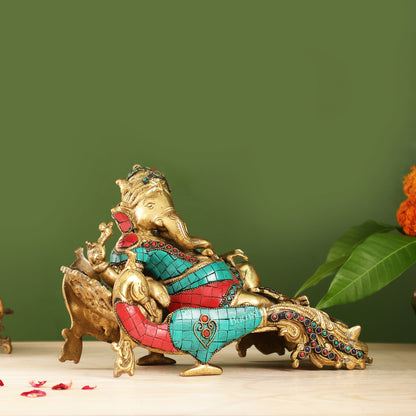 Handcrafted Brass Ganapathi on Peacock Throne with Multi-Coloured Stones
