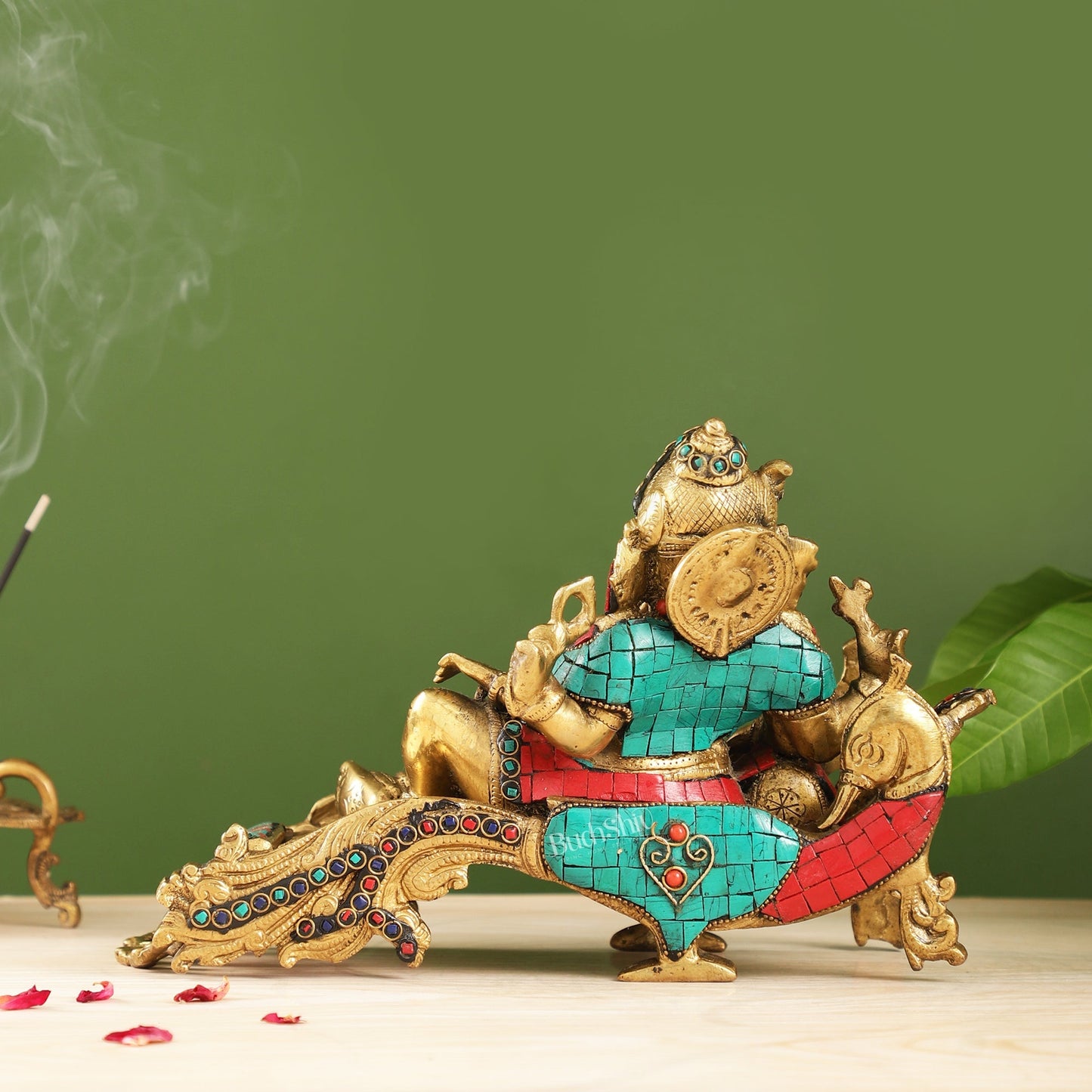 Handcrafted Brass Ganapathi on Peacock Throne with Multi-Coloured Stones