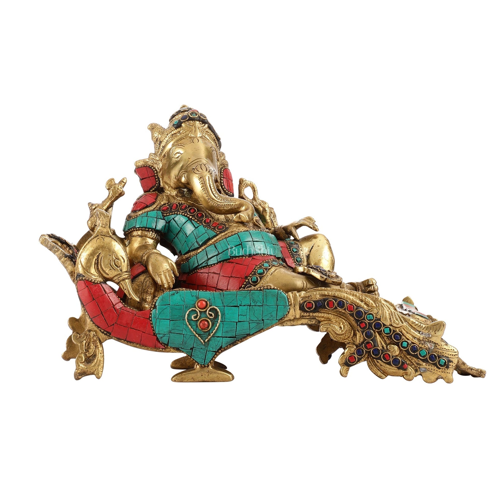 Handcrafted Brass Ganapathi on Peacock Throne with Multi-Coloured Stones