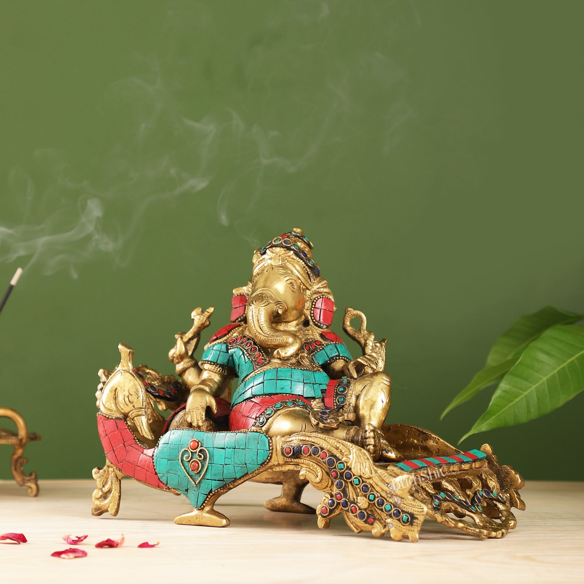 Handcrafted Brass Ganapathi on Peacock Throne with Multi-Coloured Stones