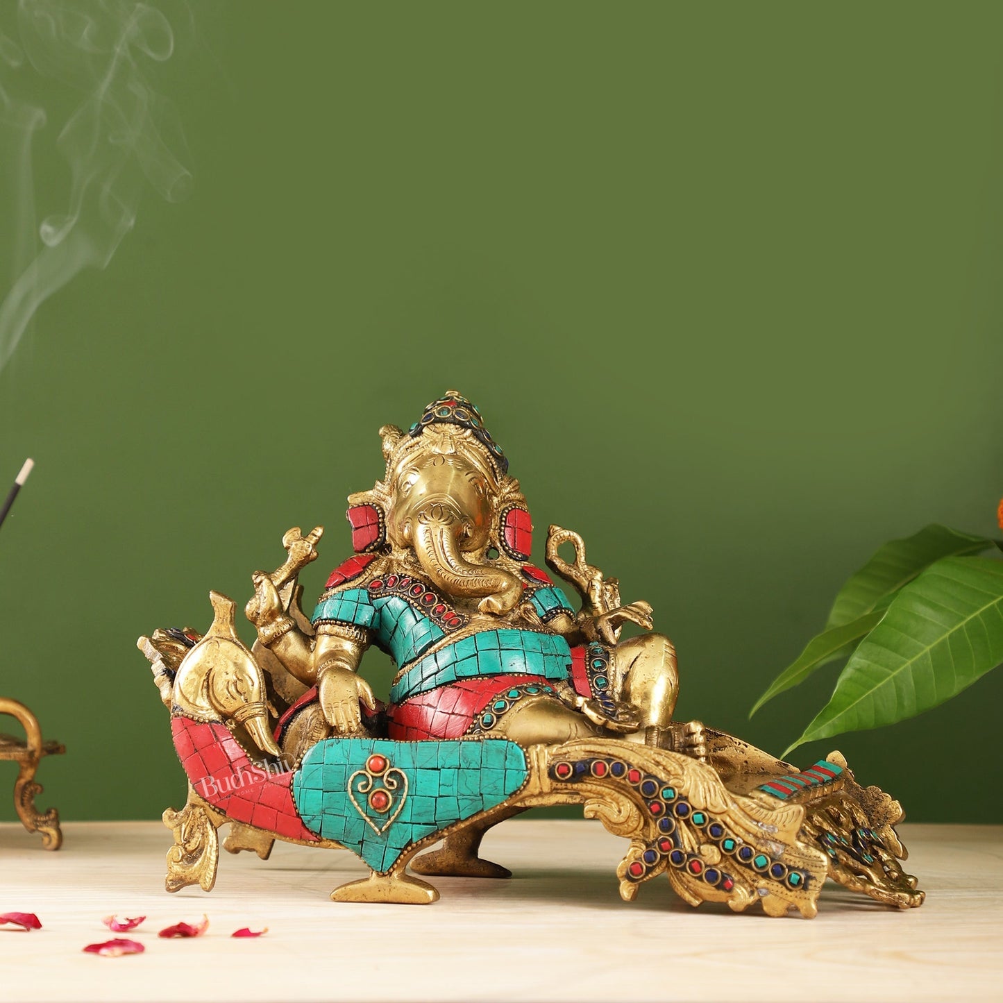 Handcrafted Brass Ganapathi on Peacock Throne with Multi-Coloured Stones